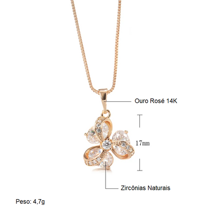 Colar de Flor com Design de Três Pétalas e Acabamento em Ouro Rosé 14K Cravejado de Zircônias