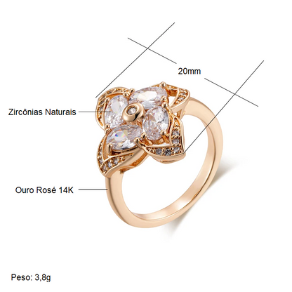 Anel Elegante de Trevo de Quatro Folhas com Zircônias Naturais e Bordas Cravejadas, Acabamento em Ouro Rosé 14K