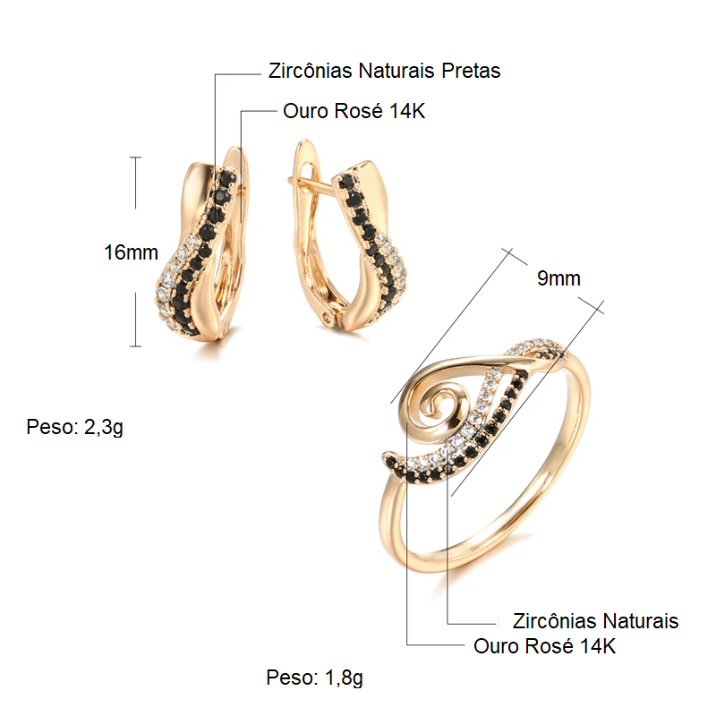 Conjunto de Brincos e Anel com Curvas Sofisticadas e Espiral Cravejado de Zircônias, Acabamento em Ouro Rosé 14K