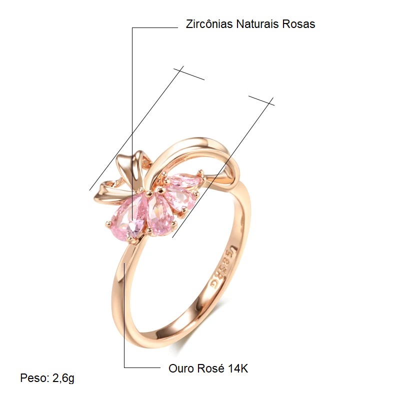 Anel Elegante com Design de Linhas Curvas e Zircônias em Rosa Choque, Acabamento em Ouro Rosé 14K