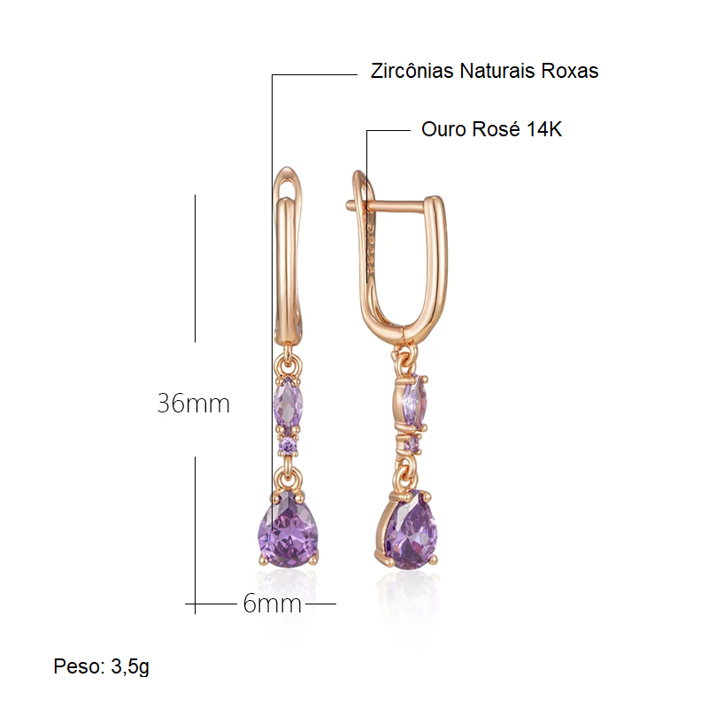 Par de Brincos Longos com Gota de Zircônia Roxa e Acabamento em Ouro Rosé 14K