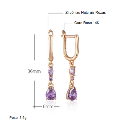 Par de Brincos Longos com Gota de Zircônia Roxa e Acabamento em Ouro Rosé 14K