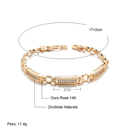 Pulseira Geométrica Elegante com Formas Retangulares Cravejadas de Zircônias, Acabamento em Ouro Rosé 14K