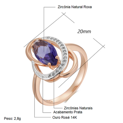 Anel Imponente Oval com Linhas Circulares, Acabamento em Ouro Rosé 14K e Zircônia Roxa Central