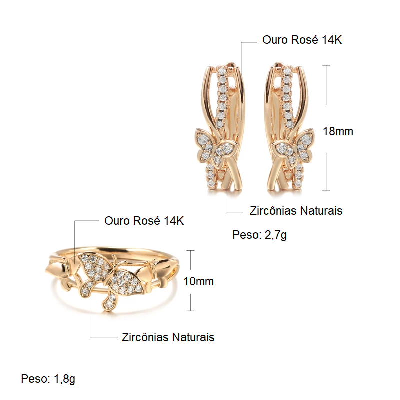 Conjunto de Brincos e Anel com Borboletas Cravejadas de Zircônias, Acabamento em Ouro Rosé 14K