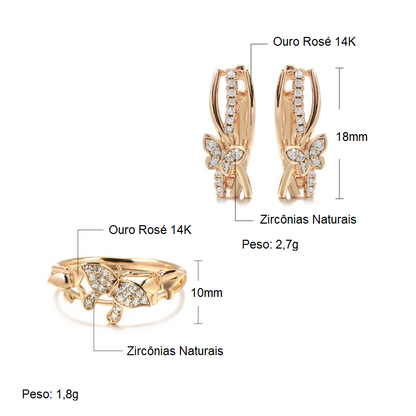 Conjunto de Brincos e Anel com Borboletas Cravejadas de Zircônias, Acabamento em Ouro Rosé 14K