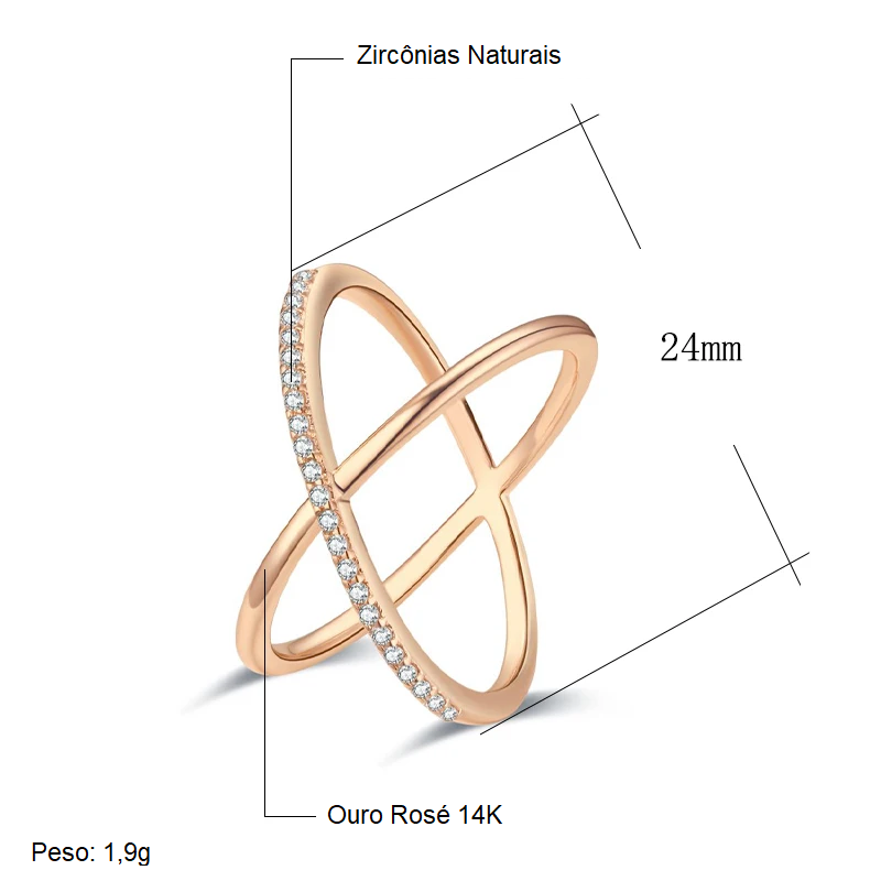 Anel Minimalista Duplo em "X" com Linha Lisa e Linha Cravejada de Zircônias, Acabamento em Ouro Rosé 14K