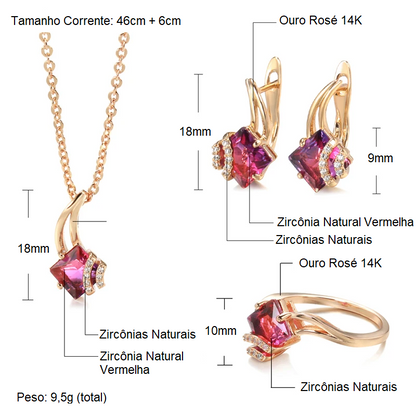 Conjunto Completo de Brincos, Anel e Colar com Pedra de Zircônia Vermelha Rosada em Formato Losango, Cravejado com Zircônias Brancas, Acabamento em Ouro Rosé 14K