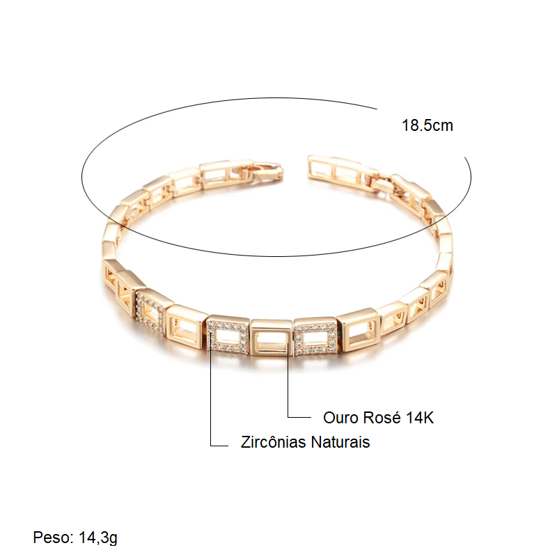 Pulseira Geométrica de Pequenos Quadrados Ocos com Detalhes Cravejados de Zircônias, Acabamento em Ouro Rosé 14K