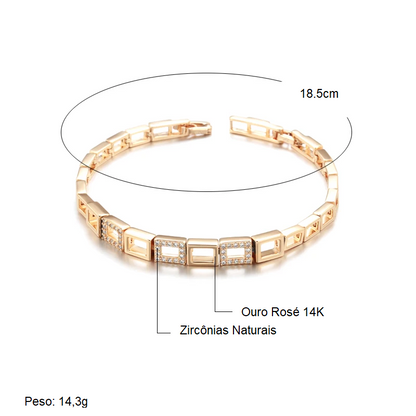 Pulseira Geométrica de Pequenos Quadrados Ocos com Detalhes Cravejados de Zircônias, Acabamento em Ouro Rosé 14K