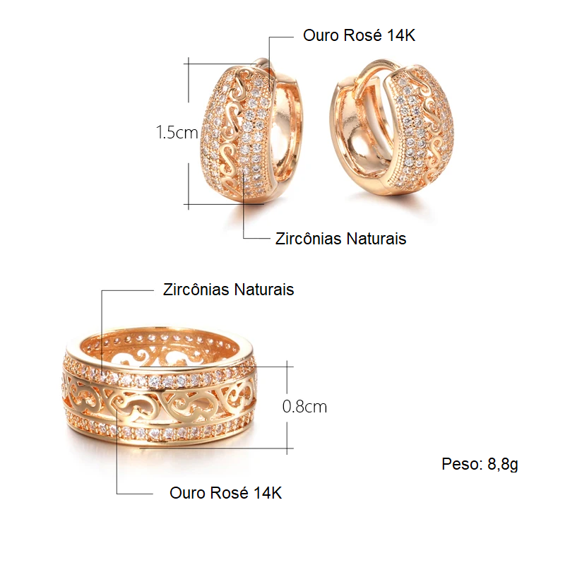 Conjunto de Brincos e Anel com Arabescos Vazados e Bordas Cravejadas de Zircônias, Acabamento em Ouro Rosé 14K