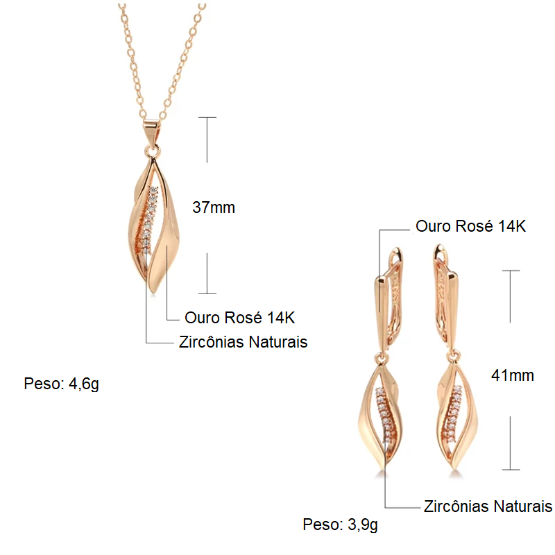 Conjunto de Brincos e Colar Geométricos Luxuosos Cravejados de Zircônias com Acabamento em Ouro Rosé 14K