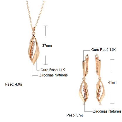 Conjunto de Brincos e Colar Geométricos Luxuosos Cravejados de Zircônias com Acabamento em Ouro Rosé 14K