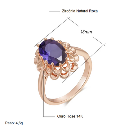 Anel Elegante de Flor de Cristal Oval com Zircônia Interna Roxa e Acabamento em Ouro Rosé 14K