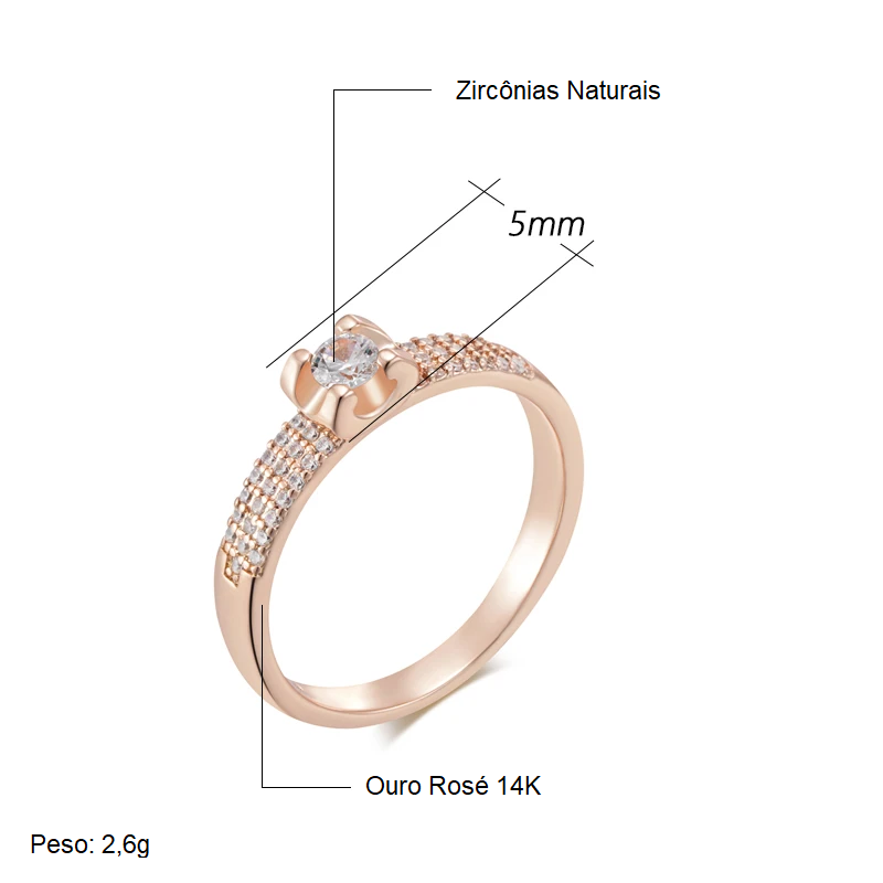 Anel Brilhante Minimalista com Zircônia Diamante Central, Cravejado de Zircônias, Acabamento em Ouro Rosé 14K