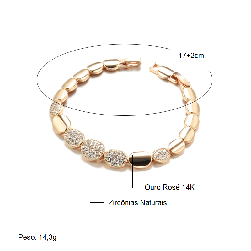 Pulseira Elegante com Formatos Ovais e Detalhes Cravejados de Zircônias, Acabamento em Ouro Rosé 14K