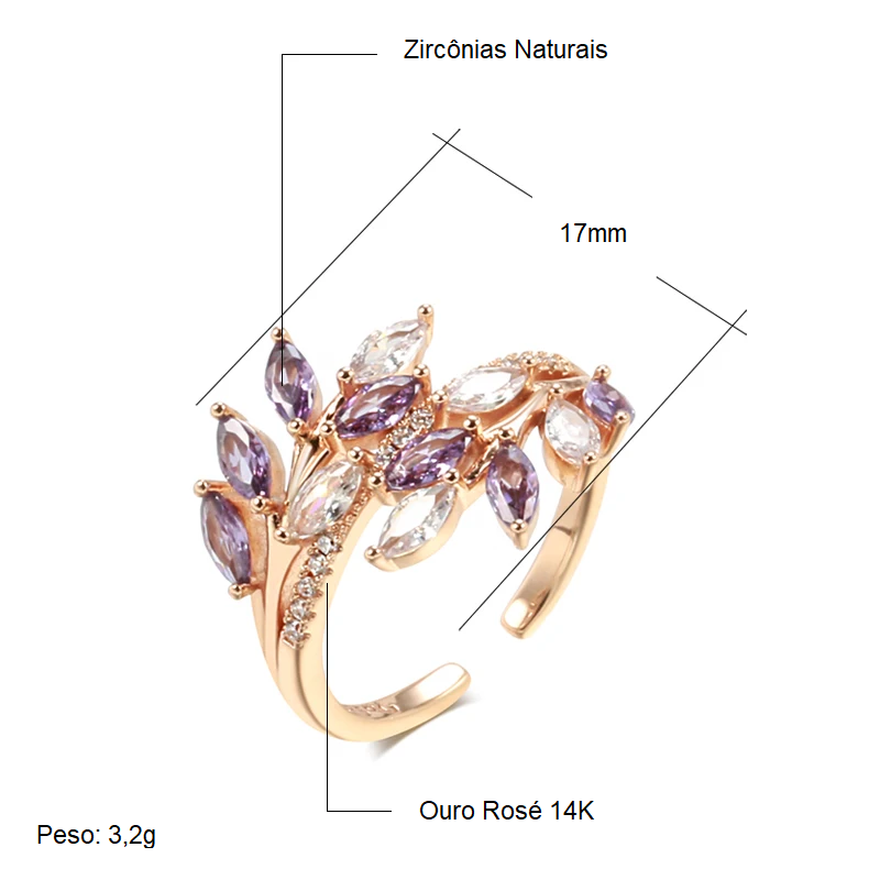 Anel Elegante com Zircônias Cravejadas e Desenho de Folhas em Zircônias Naturais Multicoloridas, Acabamento em Ouro Rosé 14K