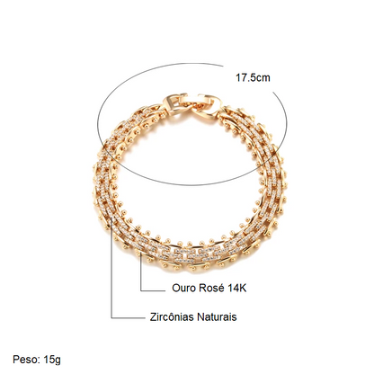 Pulseira Estruturada com Design Segmentado e Fileiras de Elos Cravejadas de Zircônias, Acabamento em Ouro Rosé 14K