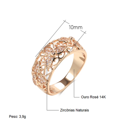 Anel Luxuoso de Flor Oca Cravejado de Zircônias e Acabamento em Ouro Rosé 14K