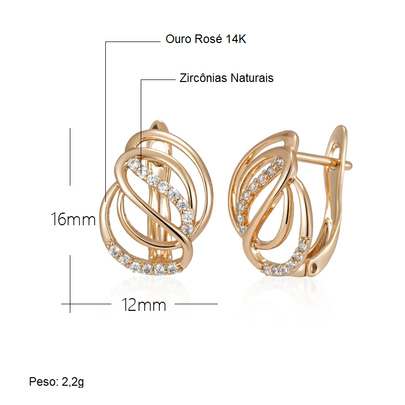 Par de Brincos de Gotas em Linhas Geométricas com Detalhes de Zircônia e Acabamento em Ouro Rosé 14K