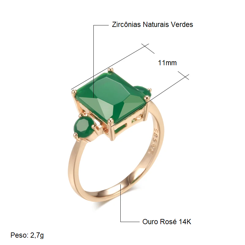 Anel Minimalista com Zircônia Verde Quadrada Central e Laterais Redondas, Acabamento em Ouro Rosé 14K