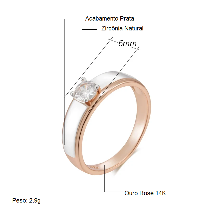 Anel Minimalista com Acabamento Prata na Parte Superior, Zircônia Central e Acabamento em Ouro Rosé 14K