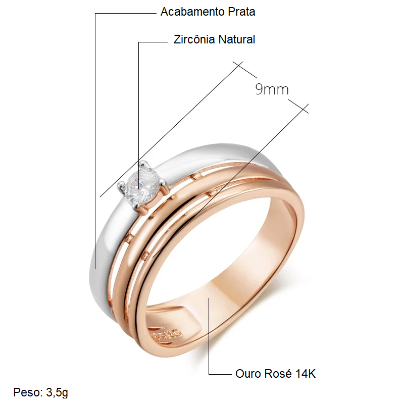 Anel Minimalista Tríptico com Acabamento Prata e Zircônia Central, Acabamento em Ouro Rosé 14K