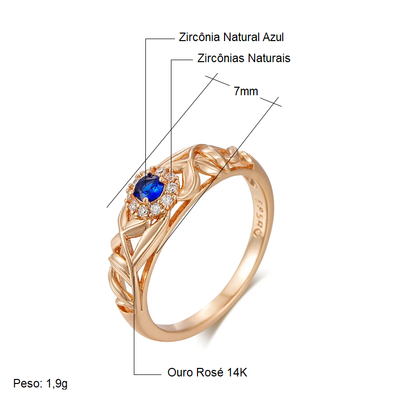 Anel Encantado com Design Vazado de Folhas e Zircônia Azul Central, Acabamento em Ouro Rosé 14K