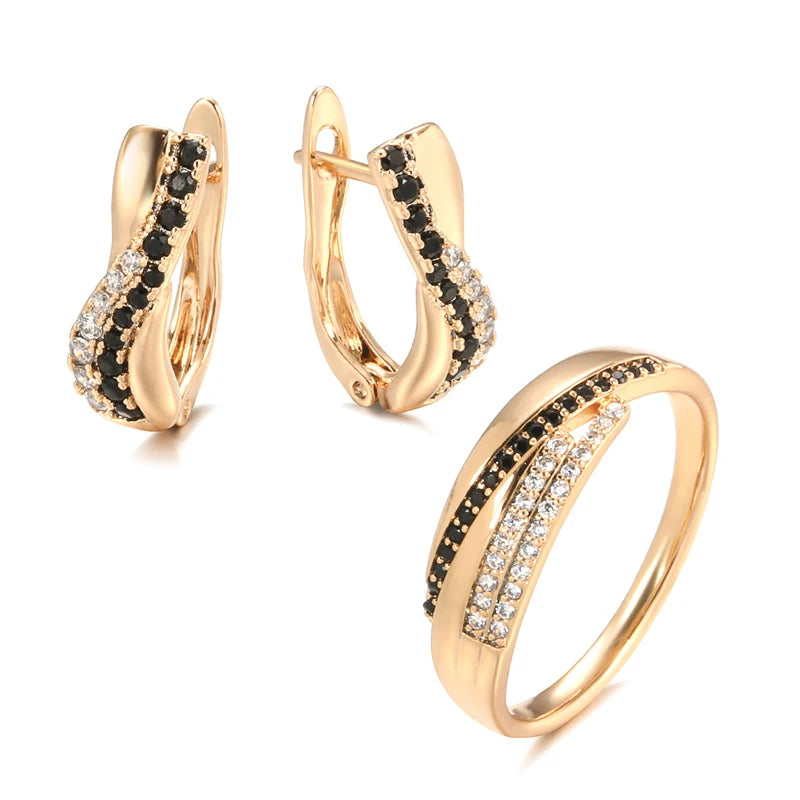 Conjunto de Brincos e Anel Curvados com Zircônias Brancas e Negras, Acabamento em Ouro Rosé 14K