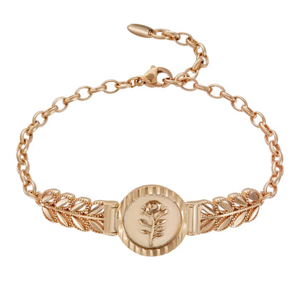 Pulseira Elegante com Correntes em Forma de Folhas e Flor Central em Molde Circular, Acabamento em Ouro Rosé 14K