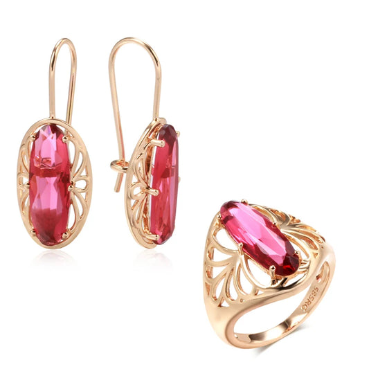 Conjunto de Brincos e Anel Étnico Vazado com Zircônia Cushion Rosa e Acabamento em Ouro Rosé 14K