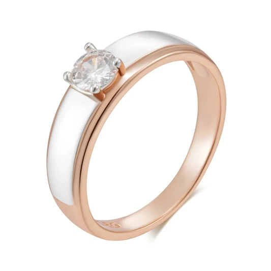 Anel Minimalista com Acabamento Prata na Parte Superior, Zircônia Central e Acabamento em Ouro Rosé 14K