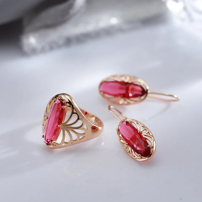 Conjunto de Brincos e Anel Étnico Vazado com Zircônia Cushion Rosa e Acabamento em Ouro Rosé 14K