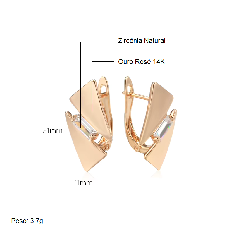 Par de Brincos Geométricos Triangulares com Detalhe de Zircônia Cúbica e Acabamento em Ouro Rosé 14K