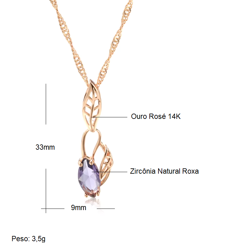 Colar Elegante de Folha Oca com Acabamento em Ouro Rosé 14K com Zircônia Roxa