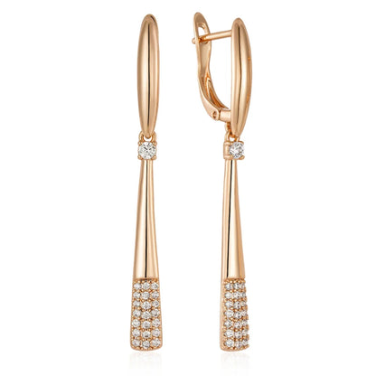 Par de Brincos Elegantes em Formato de Bastão com Pontas Cravejadas de Zircônias e Acabamento em Ouro Rosé 14K