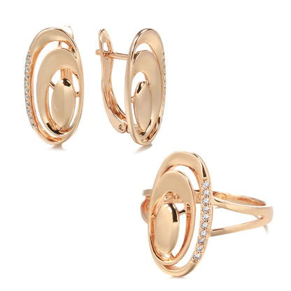 Conjunto de Brincos e Anel Oval Espiral com Detalhes de Zircônias Cravejadas, Acabamento em Ouro Rosé 14K