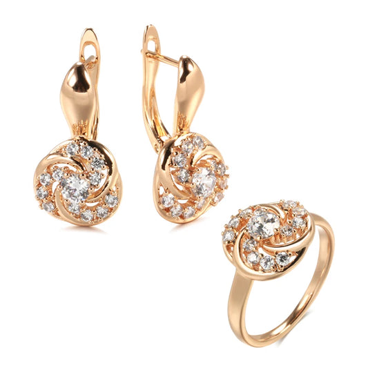 Conjunto de Brincos e Anel Redemoinho Espiral com Zircônias Cravejadas, Acabamento em Ouro Rosé 14K