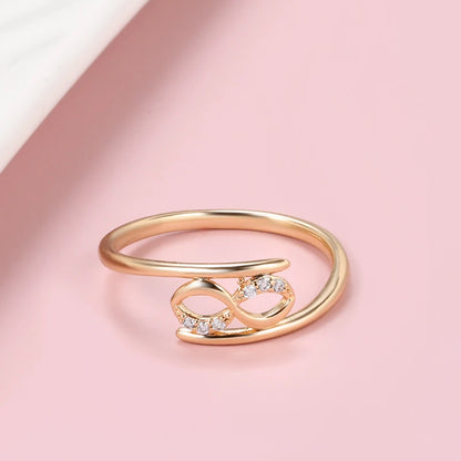 Anel Geométrico Minimalista do Infinito com Zircônias Cravejadas, Acabamento em Ouro Rosé 14K