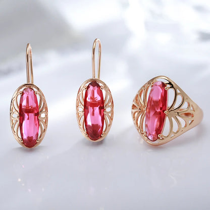 Conjunto de Brincos e Anel Étnico Vazado com Zircônia Cushion Rosa e Acabamento em Ouro Rosé 14K